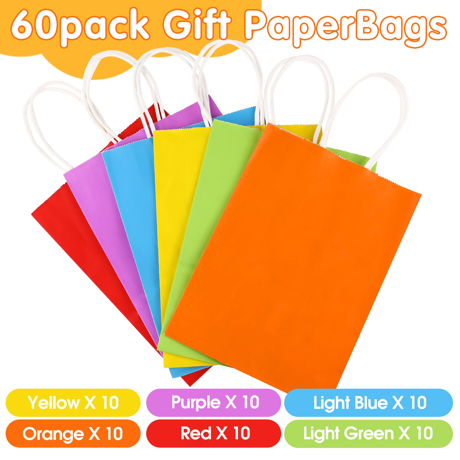 XPCARE 60 Pieces Gift Bags Bulk, 6 Colors Party Favor Bags with Handles, 6.3x3.15x8.66'' Small Rainbow Gift Bags for Kids Birthday, Baby Shower, Crafts, Wedding, Party Supplies…