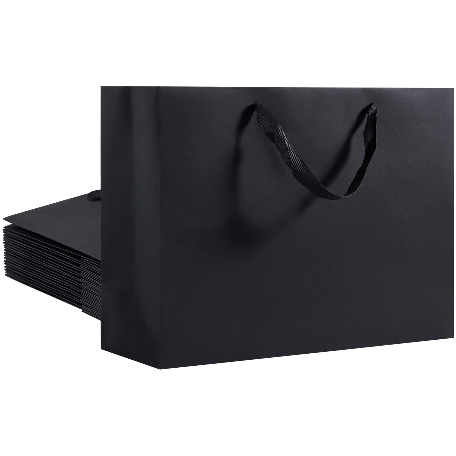 Umoonfine Gift Wrap Bag, 12 Pack Extra Large Black Paper Bags with Ribbon Handles, 15.7x5.9x12 Inches, Reusable for Shopping, Wedding, Party