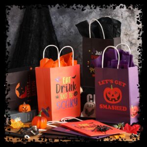 Silkfly Halloween Treat Bags with Tissues 8.3'' Halloween Paper Gift Bags with Handle Trick or Treat Candy Bags Wrapping Paper for Holiday Birthday Party Goodie Snack, 4 Designs(24 Pcs)