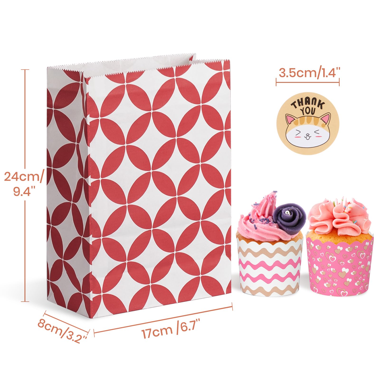 Parmedu Assorted Color Paper Bag Set: 48pcs Gift Bags in Optimal Size 6.7 * 3.2 * 9.4 Inches with 48 Stickers, Food Grade Take-out Bags for Christmas, Festivals, Birthdays, Parties, Weddings etc.