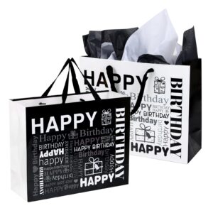 moretoes 2 pack white and black large gift bag with card and tissue paper, happy birthday gift bags for men women, 12.6" x 10.25" x 4.7"
