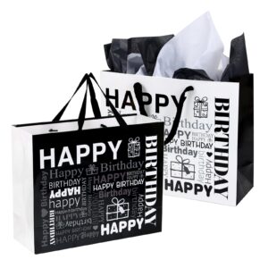 Moretoes 2 Pack White and Black Large Gift Bag with Card and Tissue Paper, Happy Birthday Gift Bags for Men Women, 12.6" x 10.25" x 4.7"