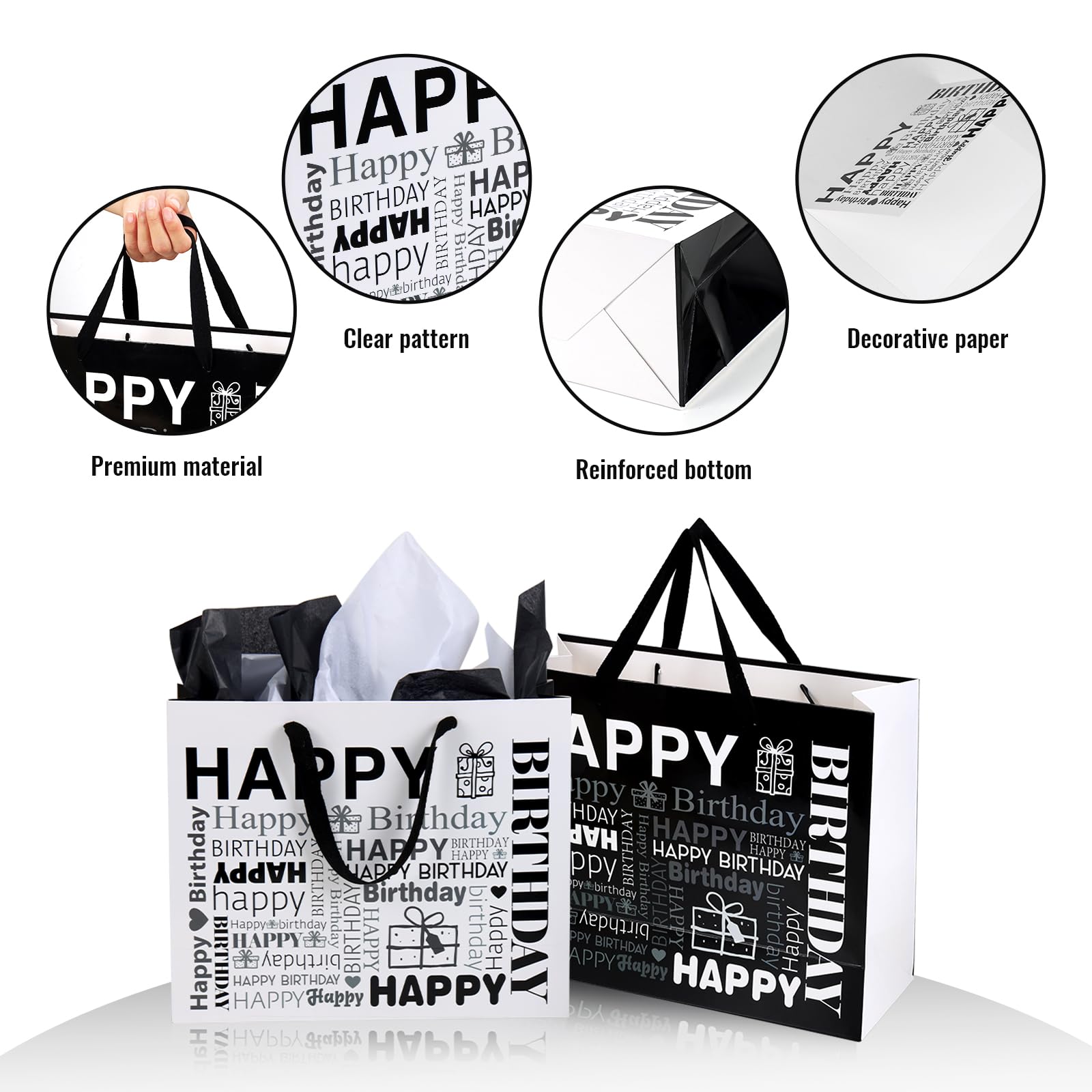 Moretoes 2 Pack White and Black Large Gift Bag with Card and Tissue Paper, Happy Birthday Gift Bags for Men Women, 12.6" x 10.25" x 4.7"