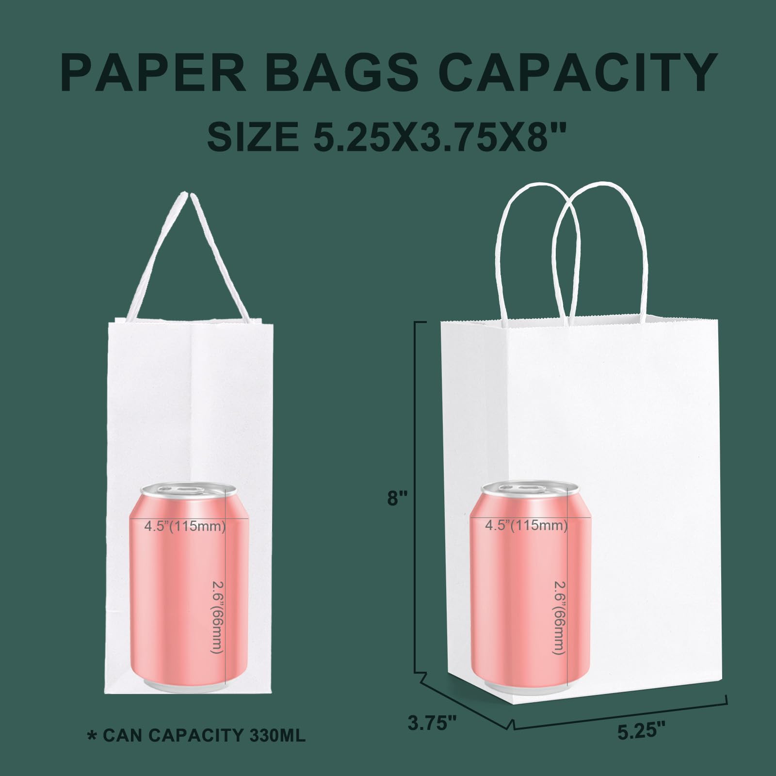 METRONIC Paper Gift Bags 5.25x3.75x8 50Pcs, White Paper Bags with Handles, Kraft Paper Bags for Small Business, Heavy Duty Bulk Paper Bags for Birthday Party Favors, Shopping, Retail, Merchandise