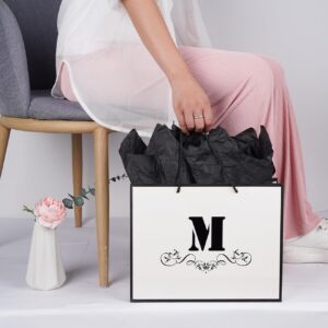 ysmile Letter Gift Bag with Wrapping Tissue for Men Women Boy Girl, 12" Large White Black Paper Bag for Birthday Anniversary Baby Shower Wedding Party - Single M