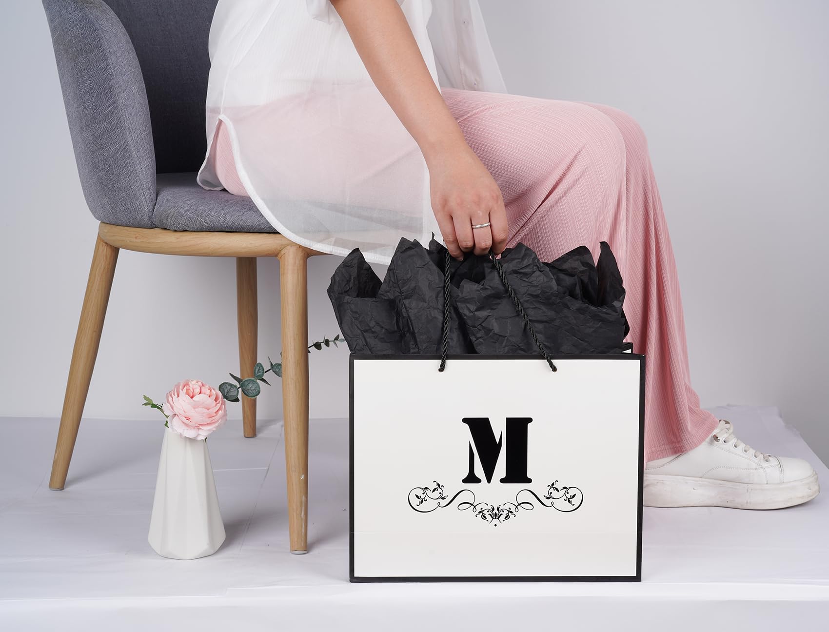 ysmile Letter Gift Bag with Wrapping Tissue for Men Women Boy Girl, 12" Large White Black Paper Bag for Birthday Anniversary Baby Shower Wedding Party - Single M