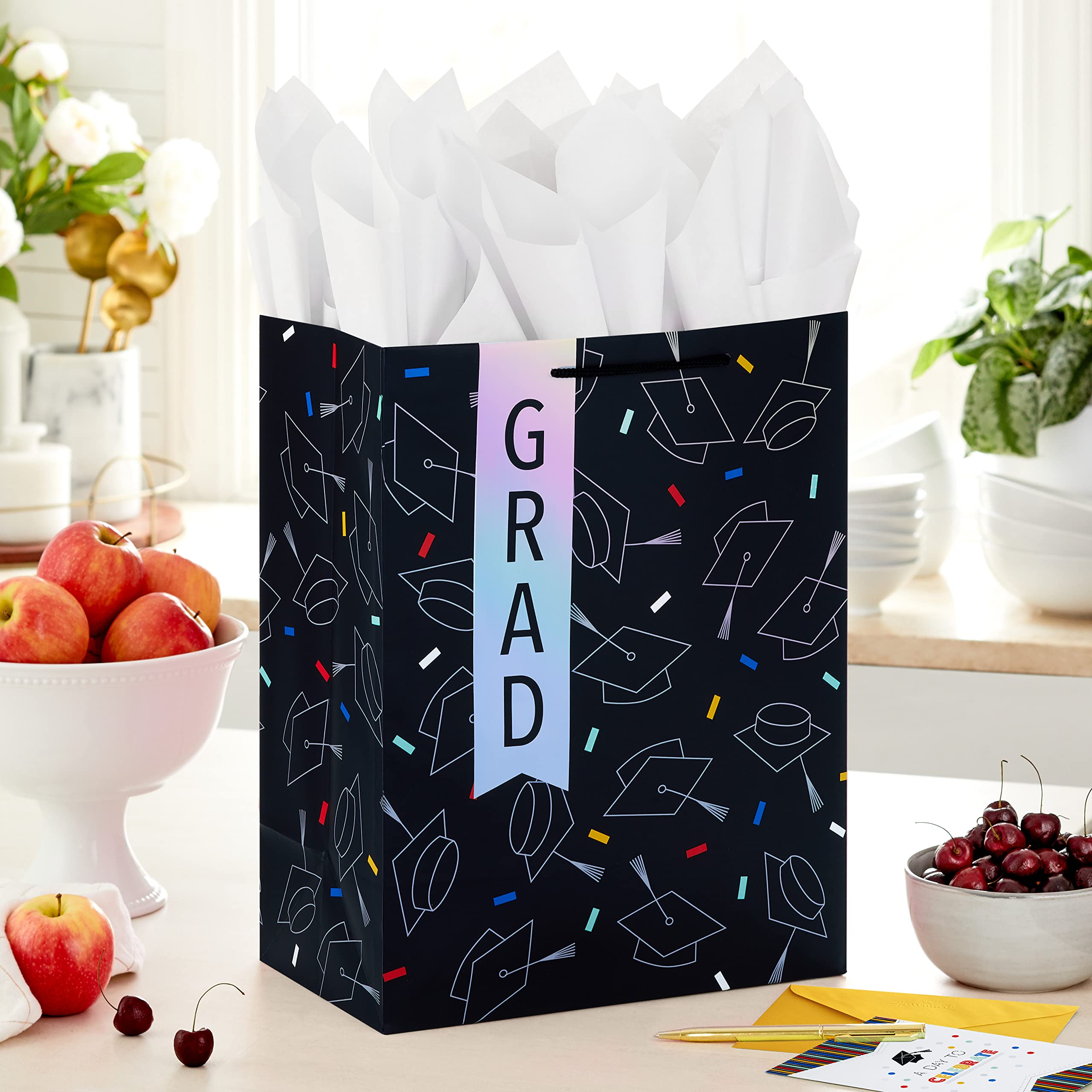 Hallmark 13" Large Graduation Gift Bag with Greeting Card and Tissue Paper (Black, Red, Blue, Holographic) for High School, College, Law School, Nursing, Kindergarten