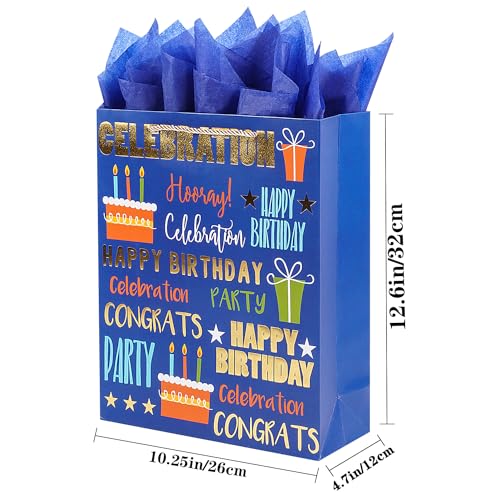 Jaywayang 12.6" Large Happy Birthday Gift Bag with Card and Tissue Paper (Blue)