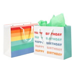 Moretoes 2 Pack Birthday Gift Bags Matching Tissue Paper and Cards, Pretty Rainbow Gift Bags Happy Birthday Gift Bags for Men Women, 12.6" x 10.25" x 4.7"