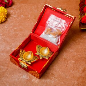 Desi Favor Lotus Diyas & Mishri Bliss Gift Box for Diwali Decoration | Traditional Diwali Gift Box + 2 Metal Diyas + Mishri Almonds for Family/Friends, Festive Diwali, Mandir, Puja, Pooja - 4 Pack