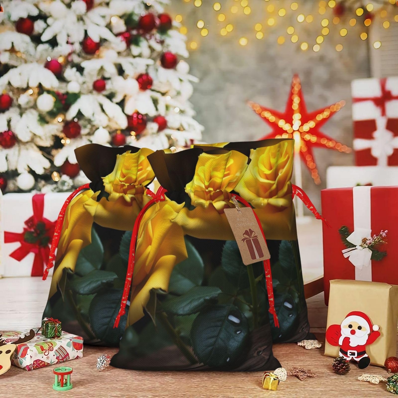 RLDOBOFE Christmas Gift Bags With Drawstring Beautiful yellow roses Christmas Burlap Gift Bag Christmas Drawstring Bag for Halloween Xmas Candy Bags Reusable Xmas Present Bags for Party Decorations