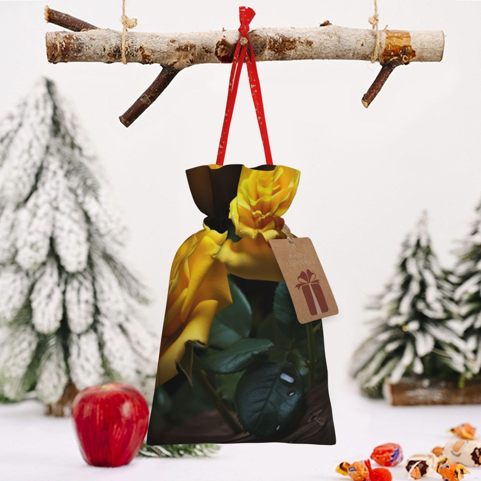 RLDOBOFE Christmas Gift Bags With Drawstring Beautiful yellow roses Christmas Burlap Gift Bag Christmas Drawstring Bag for Halloween Xmas Candy Bags Reusable Xmas Present Bags for Party Decorations