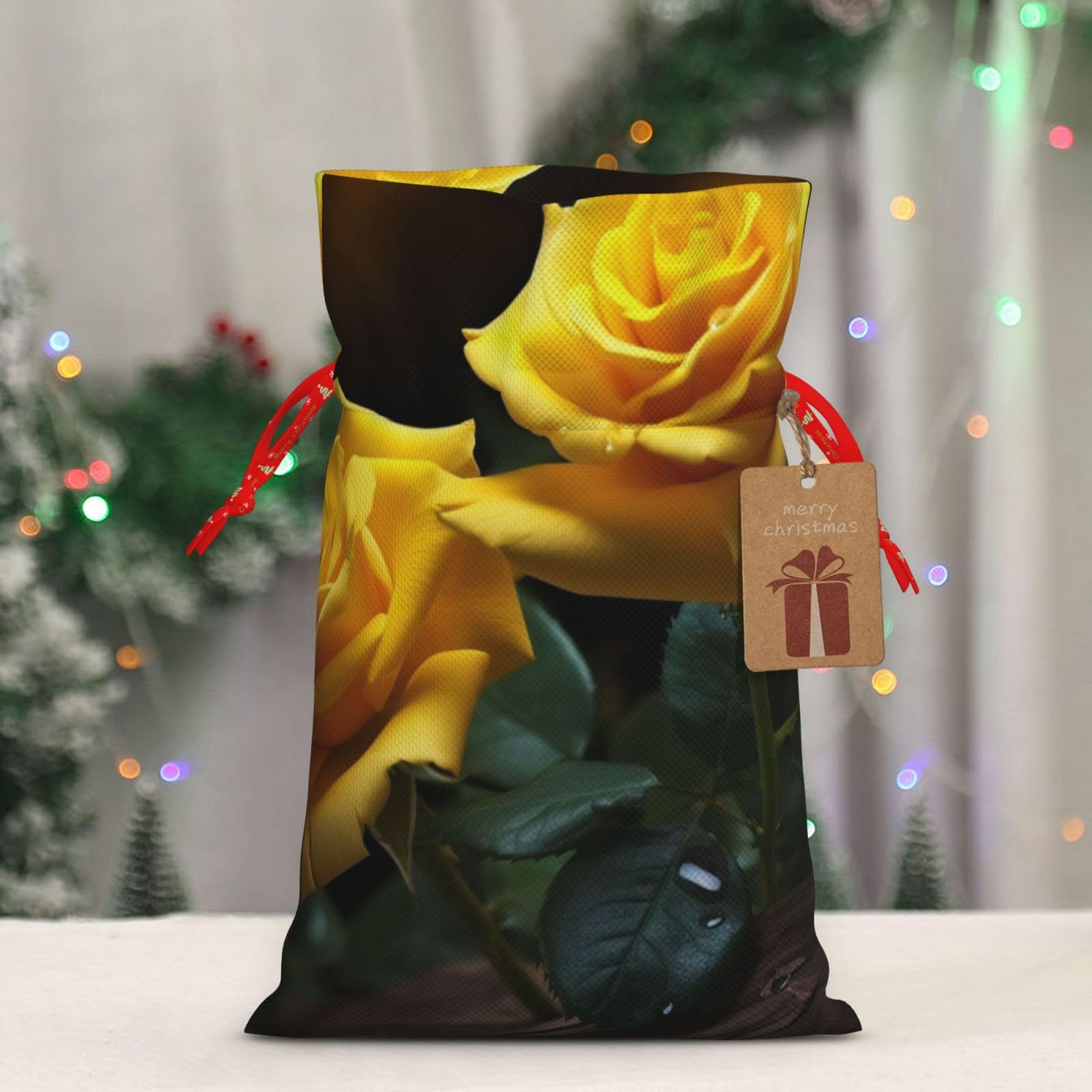 RLDOBOFE Christmas Gift Bags With Drawstring Beautiful yellow roses Christmas Burlap Gift Bag Christmas Drawstring Bag for Halloween Xmas Candy Bags Reusable Xmas Present Bags for Party Decorations