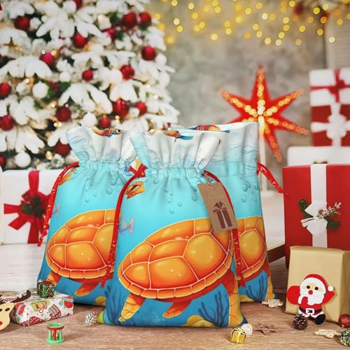 RLDOBOFE Christmas Gift Bags With Drawstring Turtle and Fish Christmas Burlap Gift Bag Christmas Drawstring Bag for Halloween Xmas Candy Bags Reusable Xmas Present Bags for Party Decorations Holiday