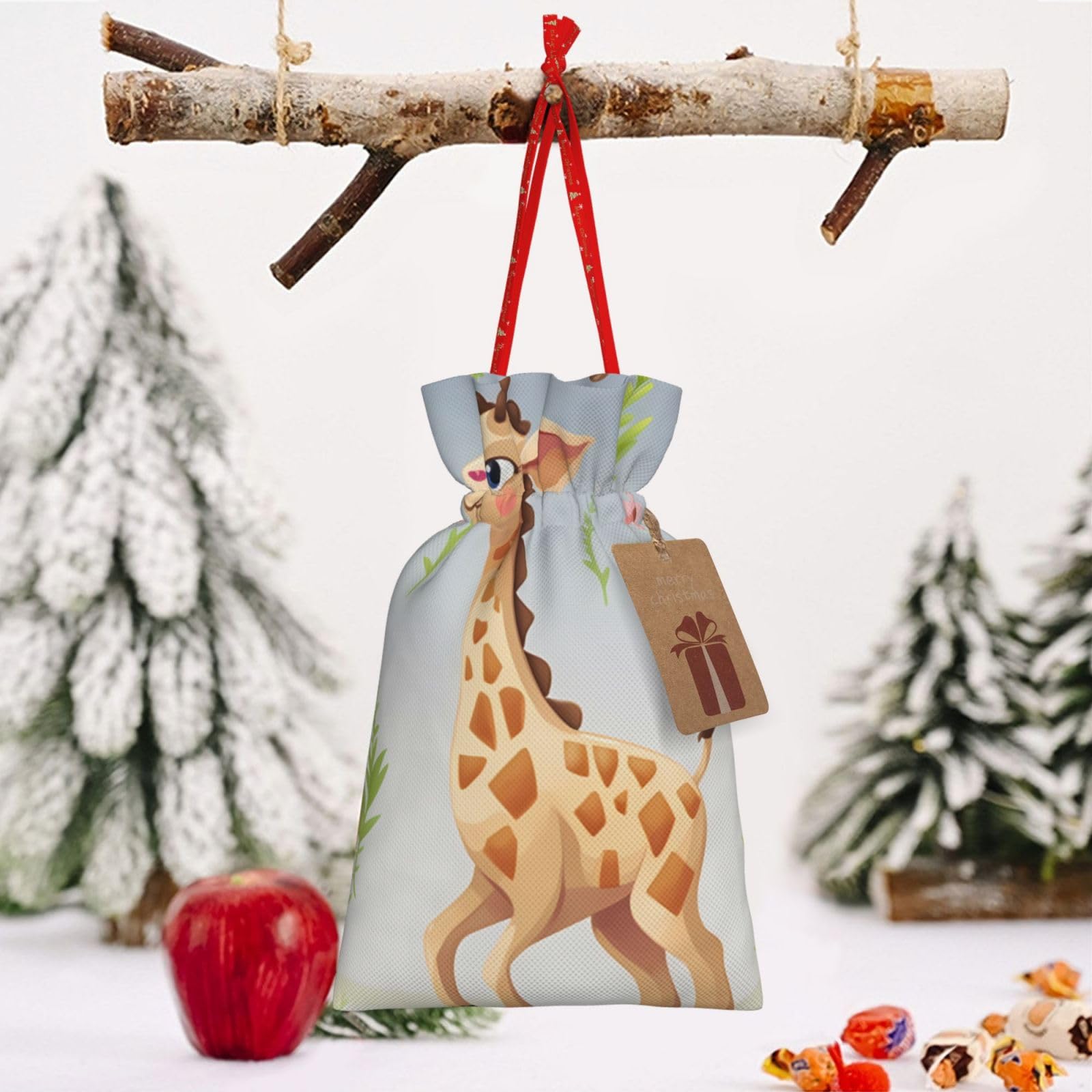 RLDOBOFE Cute giraffe print Christmas Gift Bag Christmas Drawstring Bag Reusable Gift Wrapping Goody Gift Bags with Gift Tag Present Storage Bag for Christmas Thanksgiving Wedding Party