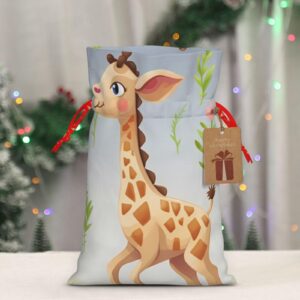 RLDOBOFE Cute giraffe print Christmas Gift Bag Christmas Drawstring Bag Reusable Gift Wrapping Goody Gift Bags with Gift Tag Present Storage Bag for Christmas Thanksgiving Wedding Party
