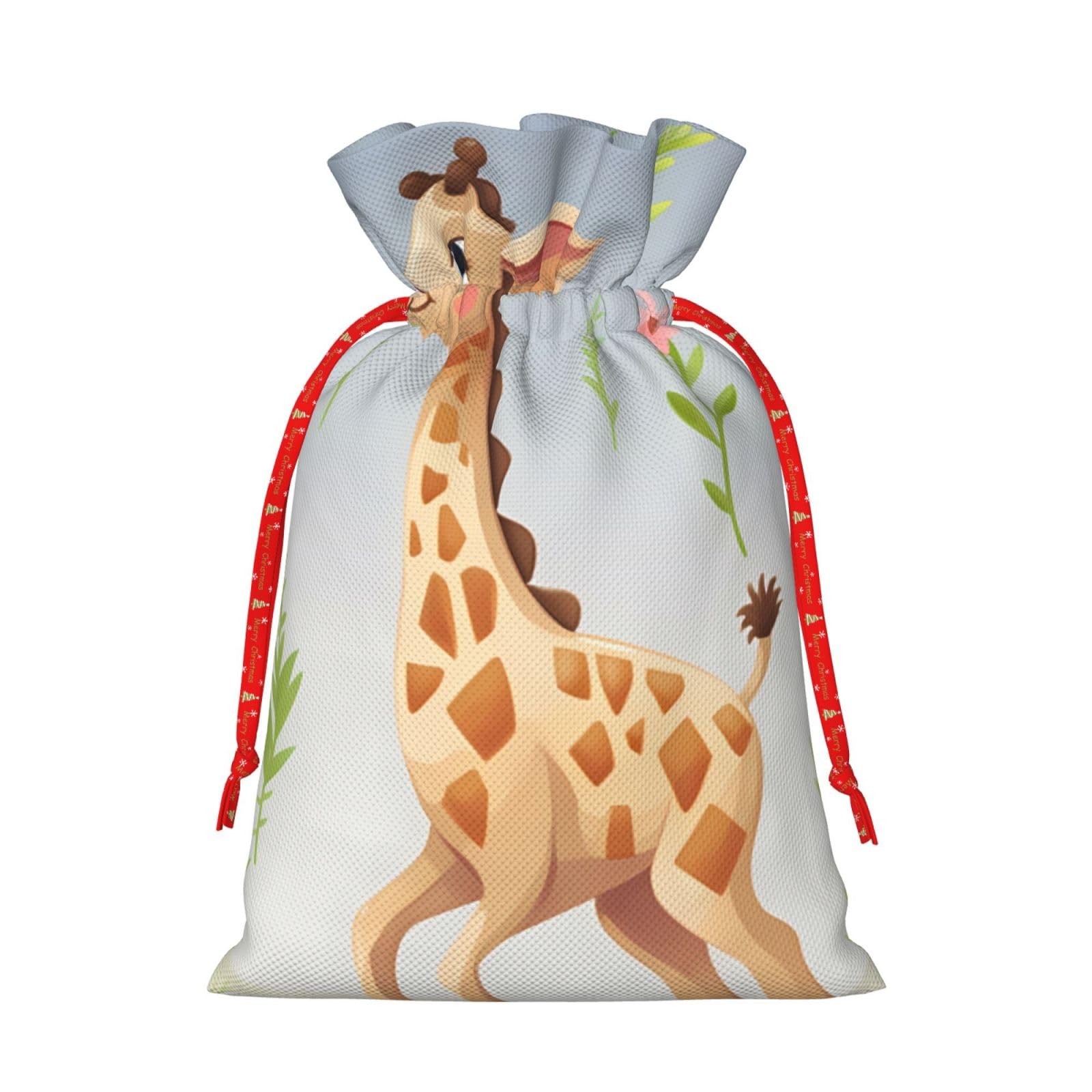 RLDOBOFE Cute giraffe print Christmas Gift Bag Christmas Drawstring Bag Reusable Gift Wrapping Goody Gift Bags with Gift Tag Present Storage Bag for Christmas Thanksgiving Wedding Party