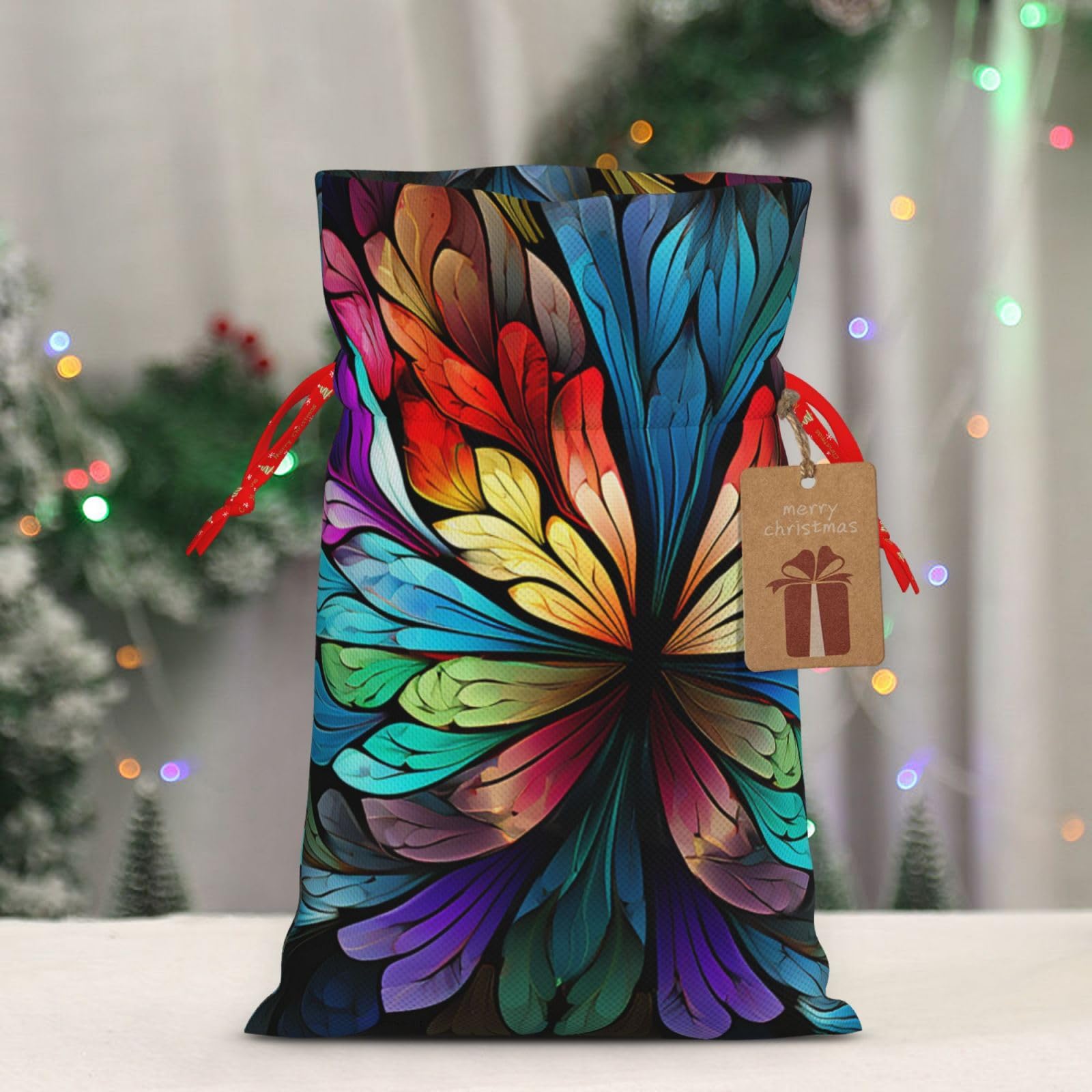 BTCOWZRV Rainbow Butterfly Christmas Gift Bag with Drawstring Christmas Wrapping Bags Xmas Gift Bags Sack Bags Xmas Package Storage Bag Wrapping Sacks Pouches Xmas Party Holiday Gift Bags
