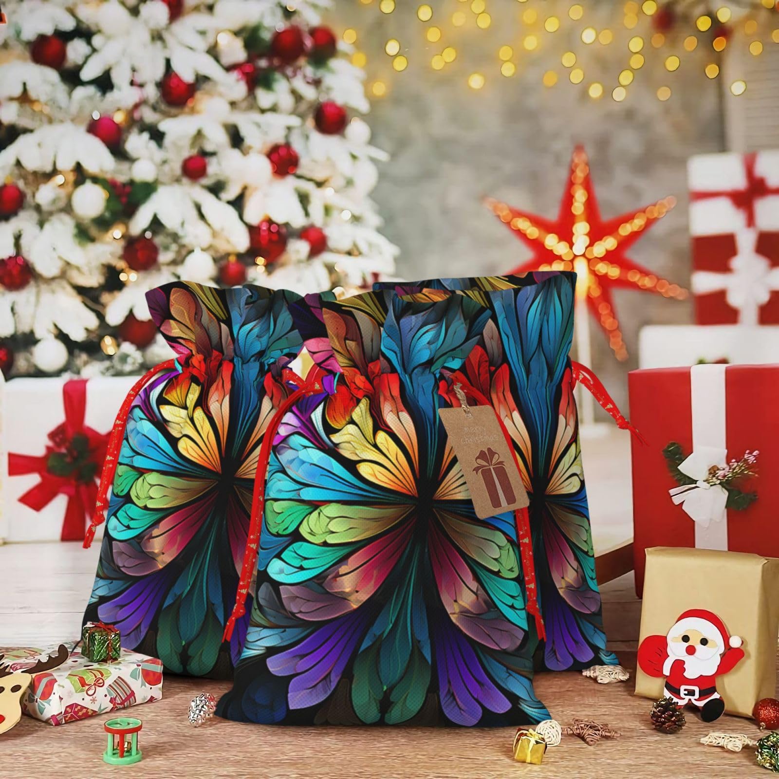 BTCOWZRV Rainbow Butterfly Christmas Gift Bag with Drawstring Christmas Wrapping Bags Xmas Gift Bags Sack Bags Xmas Package Storage Bag Wrapping Sacks Pouches Xmas Party Holiday Gift Bags