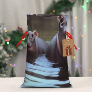 RLDOBOFE Christmas Gift Bags With Drawstring Baby Hippos Christmas Burlap Gift Bag Christmas Drawstring Bag for Halloween Xmas Candy Bags Reusable Xmas Present Bags for Party Decorations Holiday