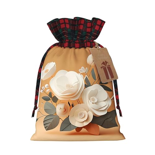 Yioniii Paper Flowers on a Peach Prints pattern Christmas Gift Bags with Drawstring,Christmas Gift Bags Xmas Party Supplies，Orange and White,S