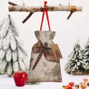 Dwrepo Dragonfly Bee Christmas Gift Bags Burlap Gift Wrap Bags Reusable Drawstring Gift Bags with Tags Xmas Holiday Party Favors Bags