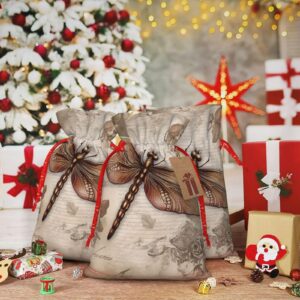 Dwrepo Dragonfly Bee Christmas Gift Bags Burlap Gift Wrap Bags Reusable Drawstring Gift Bags with Tags Xmas Holiday Party Favors Bags