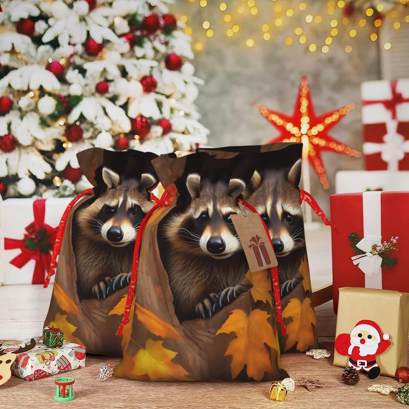 RLDOBOFE Christmas Gift Bags With Drawstring Raccoon in The Fall Tree Hole Christmas Burlap Gift Bag Christmas Drawstring Bag for Halloween Xmas Candy Bags Reusable Xmas Present Bags for Party