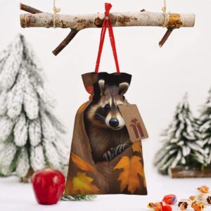 RLDOBOFE Christmas Gift Bags With Drawstring Raccoon in The Fall Tree Hole Christmas Burlap Gift Bag Christmas Drawstring Bag for Halloween Xmas Candy Bags Reusable Xmas Present Bags for Party