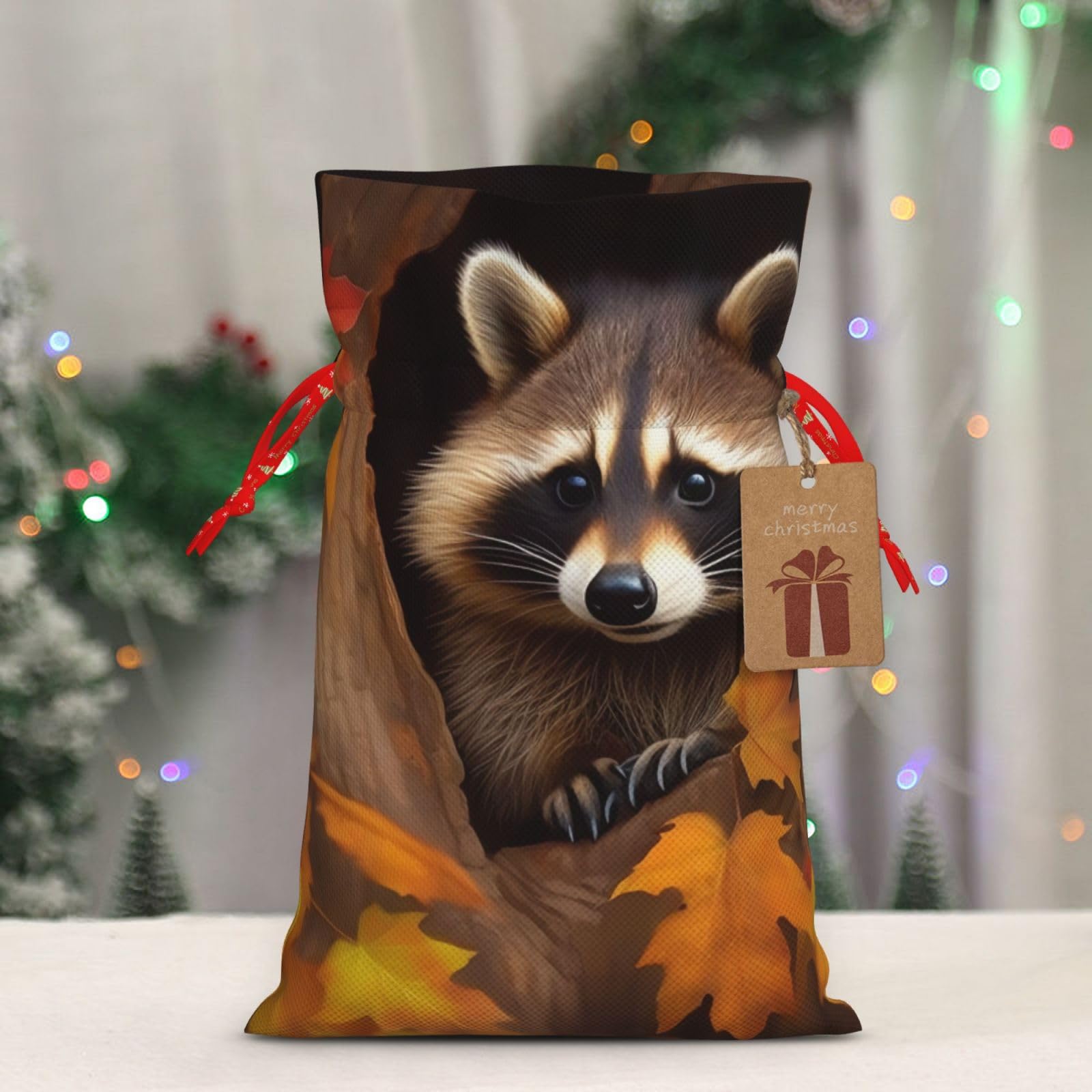 RLDOBOFE Christmas Gift Bags With Drawstring Raccoon in The Fall Tree Hole Christmas Burlap Gift Bag Christmas Drawstring Bag for Halloween Xmas Candy Bags Reusable Xmas Present Bags for Party