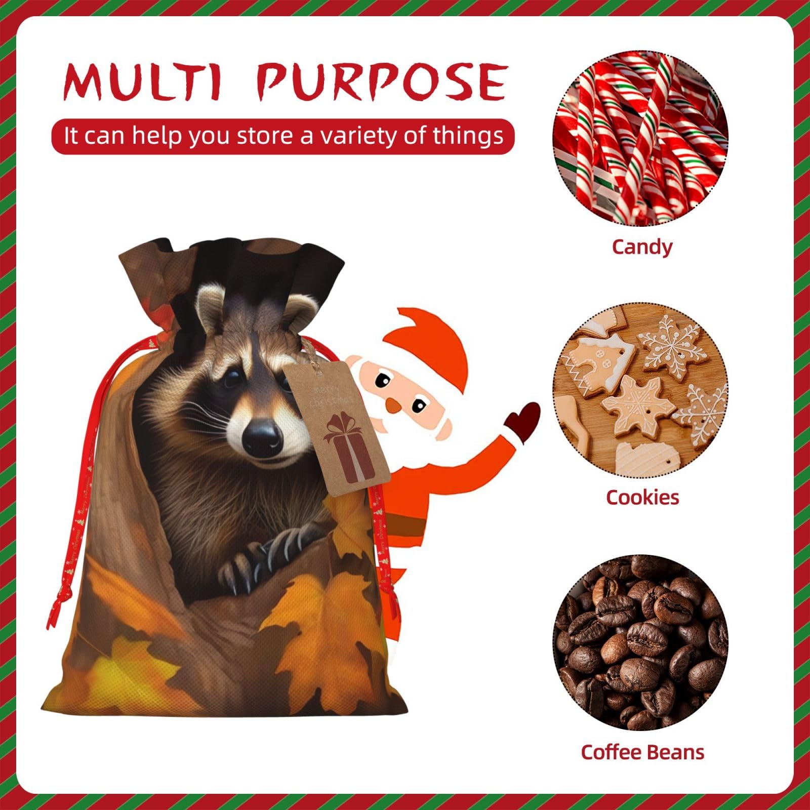 RLDOBOFE Christmas Gift Bags With Drawstring Raccoon in The Fall Tree Hole Christmas Burlap Gift Bag Christmas Drawstring Bag for Halloween Xmas Candy Bags Reusable Xmas Present Bags for Party