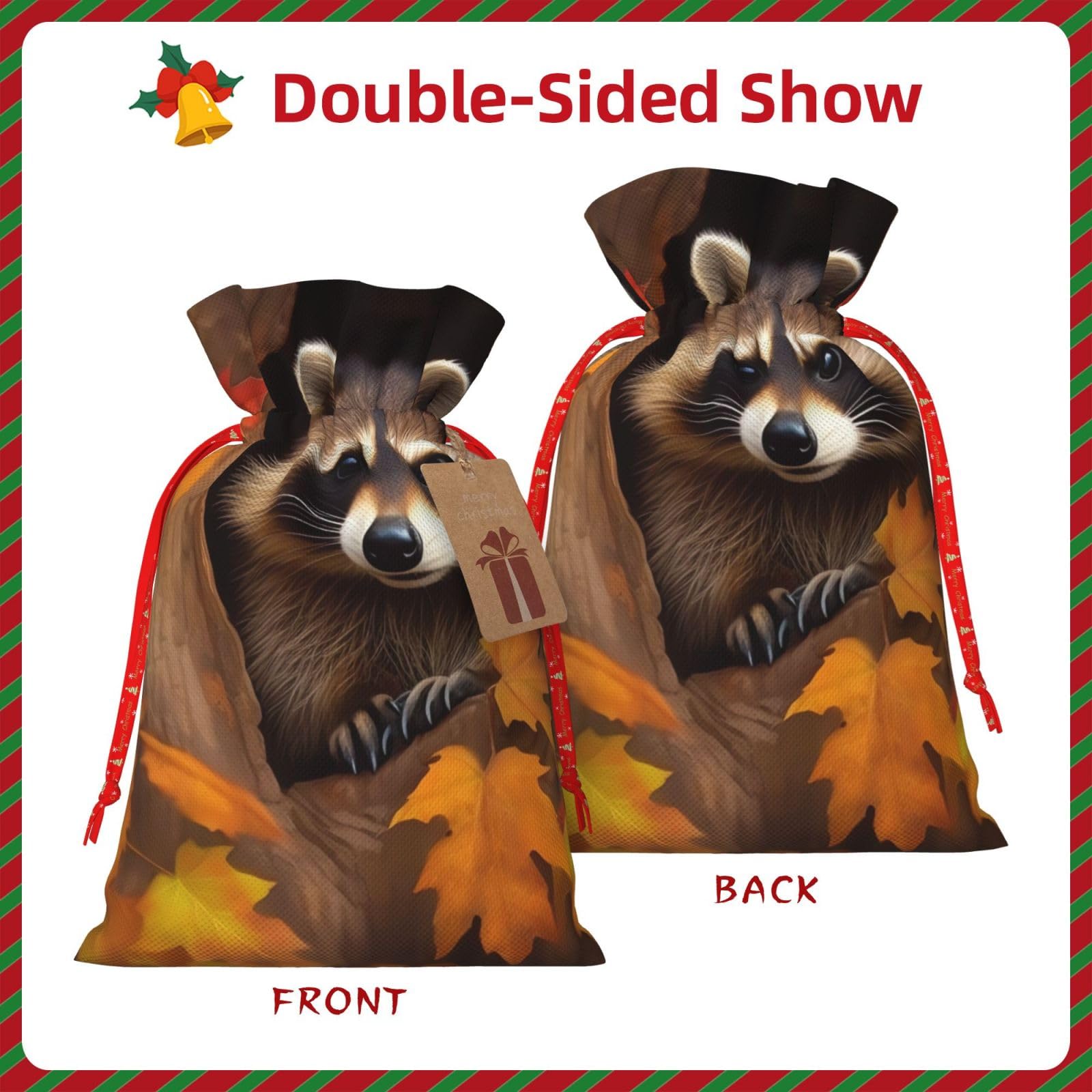 RLDOBOFE Christmas Gift Bags With Drawstring Raccoon in The Fall Tree Hole Christmas Burlap Gift Bag Christmas Drawstring Bag for Halloween Xmas Candy Bags Reusable Xmas Present Bags for Party