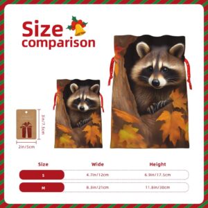 RLDOBOFE Christmas Gift Bags With Drawstring Raccoon in The Fall Tree Hole Christmas Burlap Gift Bag Christmas Drawstring Bag for Halloween Xmas Candy Bags Reusable Xmas Present Bags for Party