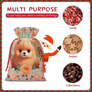 BTCOWZRV Pomeranians Cartoon Flowers Christmas Gift Bag with Drawstring Christmas Wrapping Bags Xmas Gift Bags Sack Bags Xmas Package Storage Bag Wrapping Sacks Pouches Xmas Party Holiday Gift Bags