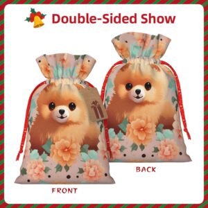 BTCOWZRV Pomeranians Cartoon Flowers Christmas Gift Bag with Drawstring Christmas Wrapping Bags Xmas Gift Bags Sack Bags Xmas Package Storage Bag Wrapping Sacks Pouches Xmas Party Holiday Gift Bags