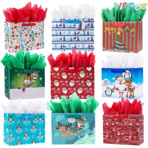 Elephant-package 18 Pack Christmas Gift Paper Bags with Tissue Papers Bulk, Medium Christmas Gift Bags Assorted Desgins with Handles and Tags Christmas Xmas Holiday Party Supplies.