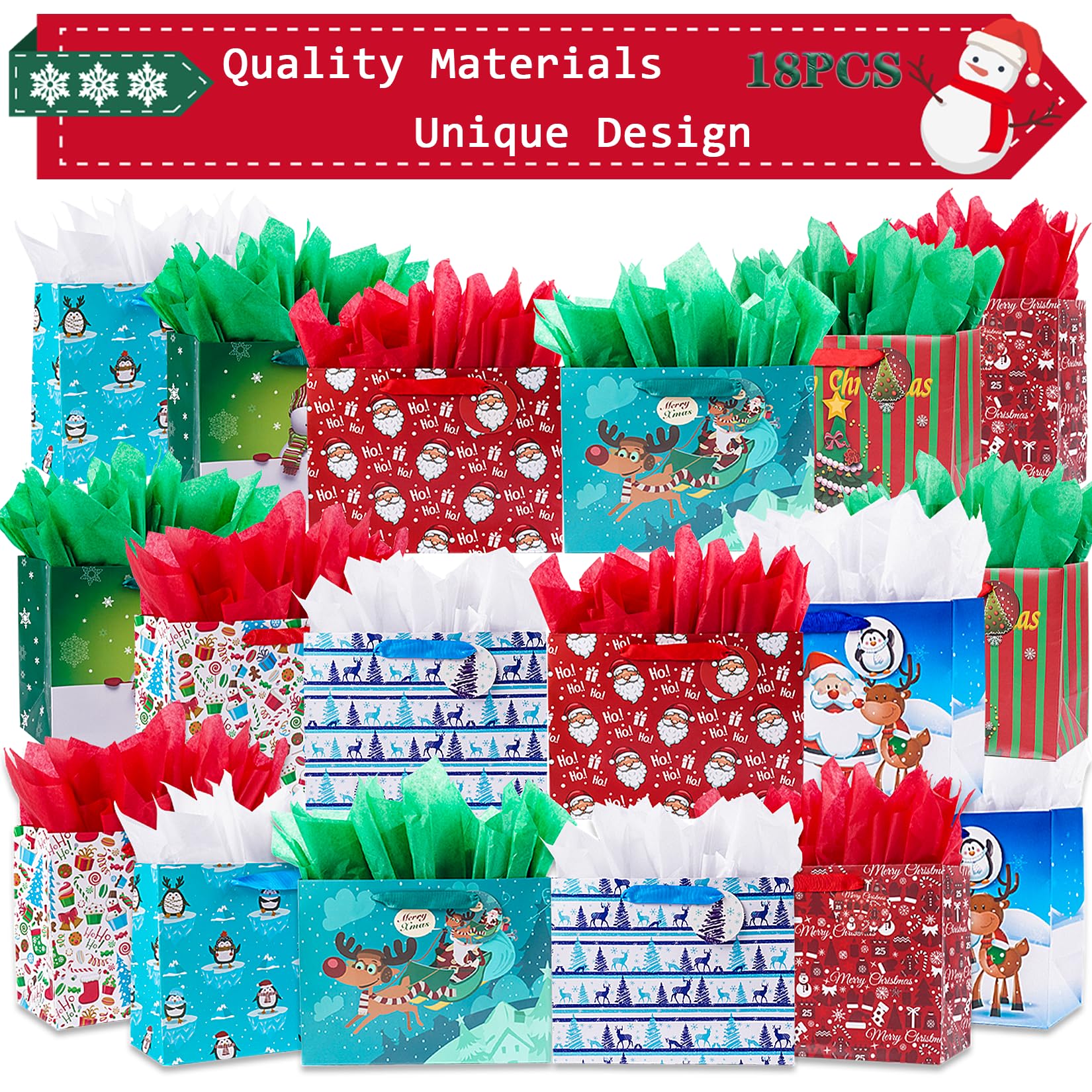 Elephant-package 18 Pack Christmas Gift Paper Bags with Tissue Papers Bulk, Medium Christmas Gift Bags Assorted Desgins with Handles and Tags Christmas Xmas Holiday Party Supplies.