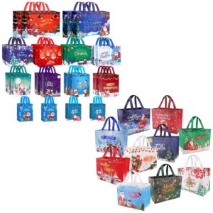 Fayayuan 34 Pack Christmas Gift Bags Assorted Sizes, 22 Styles Reusable Tote Bags Includes 4 Extra Large 17",18 Large 13",8 Medium 10",4 Small 8" Non-Woven Christmas Bags for Xmas Party Supplies