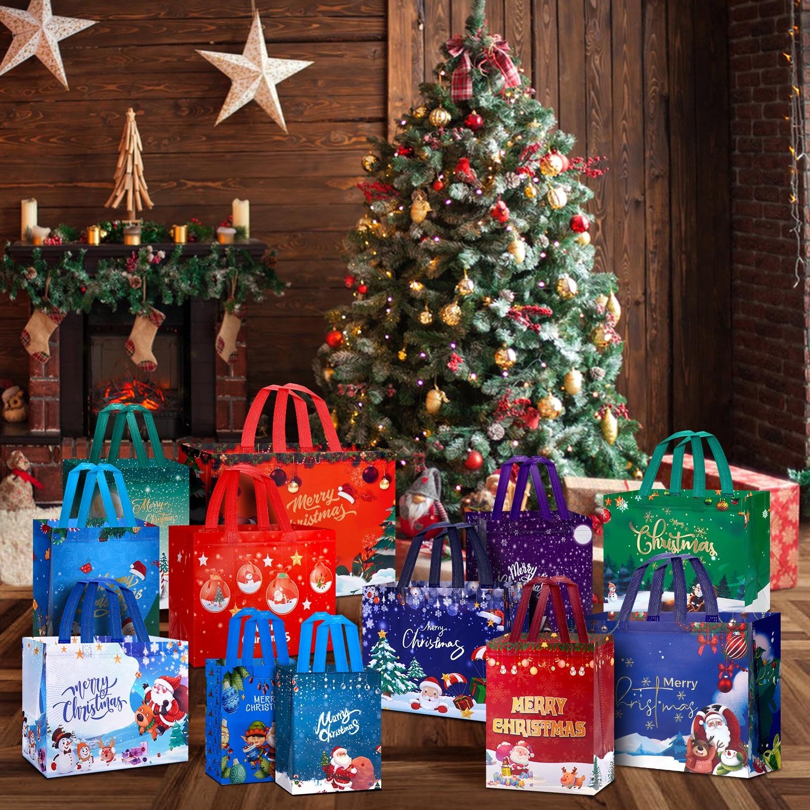 Fayayuan 34 Pack Christmas Gift Bags Assorted Sizes, 22 Styles Reusable Tote Bags Includes 4 Extra Large 17",18 Large 13",8 Medium 10",4 Small 8" Non-Woven Christmas Bags for Xmas Party Supplies