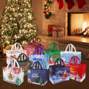 Fayayuan 34 Pack Christmas Gift Bags Assorted Sizes, 22 Styles Reusable Tote Bags Includes 4 Extra Large 17",18 Large 13",8 Medium 10",4 Small 8" Non-Woven Christmas Bags for Xmas Party Supplies