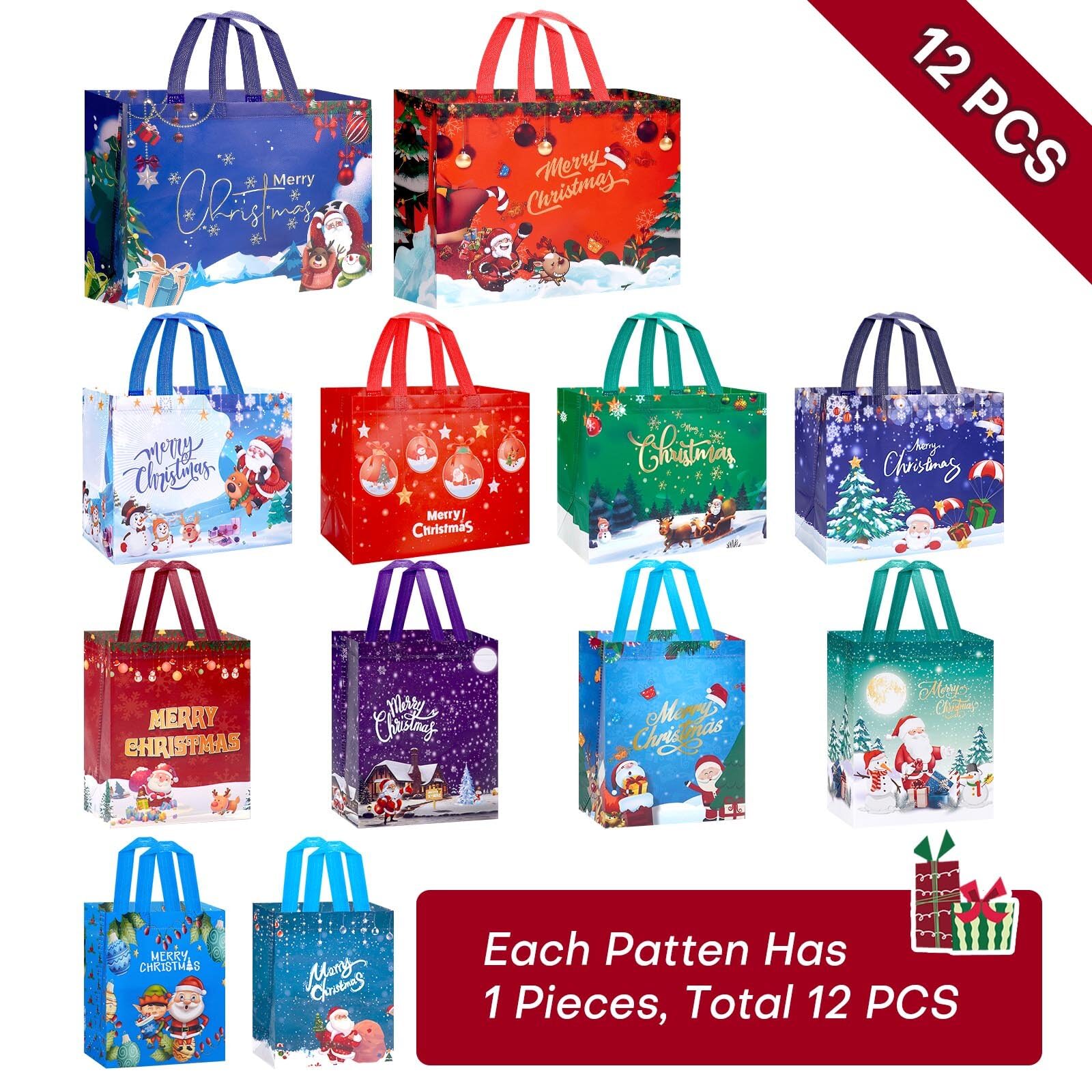 Fayayuan 34 Pack Christmas Gift Bags Assorted Sizes, 22 Styles Reusable Tote Bags Includes 4 Extra Large 17",18 Large 13",8 Medium 10",4 Small 8" Non-Woven Christmas Bags for Xmas Party Supplies