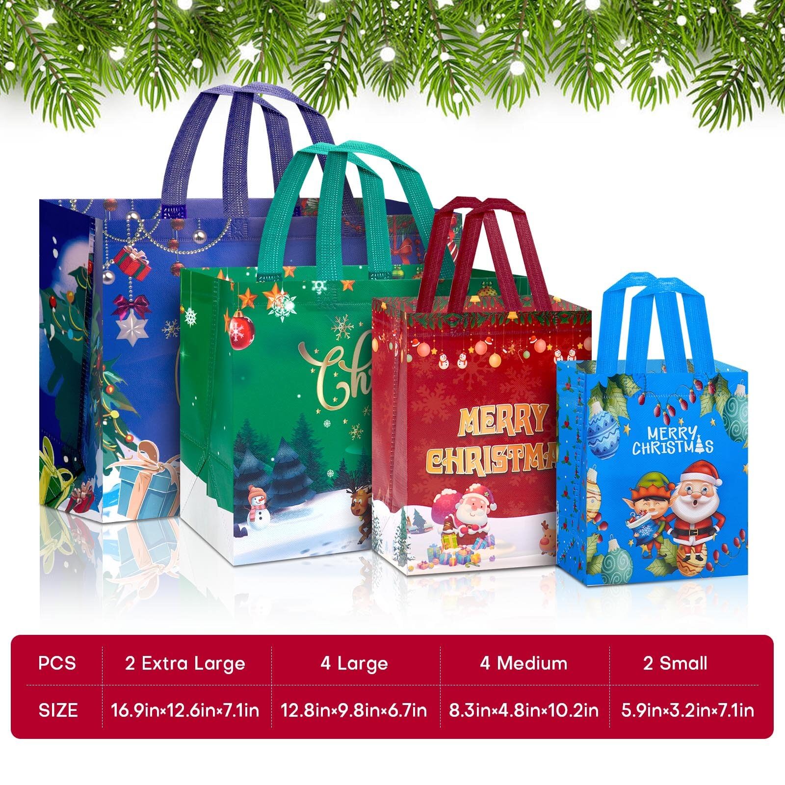 Fayayuan 34 Pack Christmas Gift Bags Assorted Sizes, 22 Styles Reusable Tote Bags Includes 4 Extra Large 17",18 Large 13",8 Medium 10",4 Small 8" Non-Woven Christmas Bags for Xmas Party Supplies