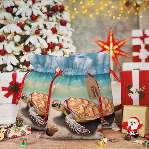 RLDOBOFE Christmas Gift Bags With Drawstring Sea Turtle Starfish Christmas Burlap Gift Bag Christmas Drawstring Bag for Halloween Xmas Candy Bags Reusable Xmas Present Bags for Party Decorations