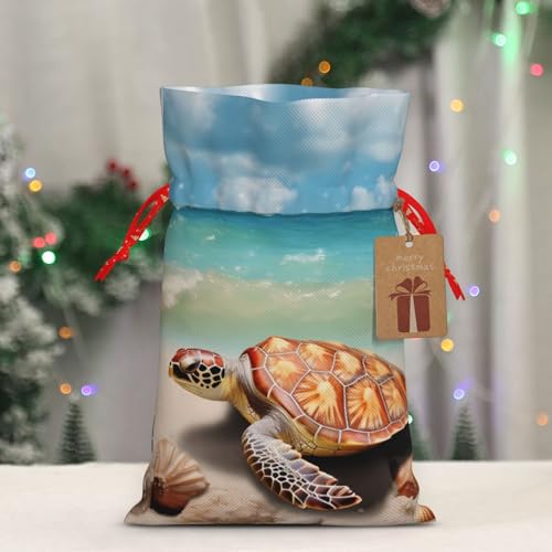 RLDOBOFE Christmas Gift Bags With Drawstring Sea Turtle Starfish Christmas Burlap Gift Bag Christmas Drawstring Bag for Halloween Xmas Candy Bags Reusable Xmas Present Bags for Party Decorations