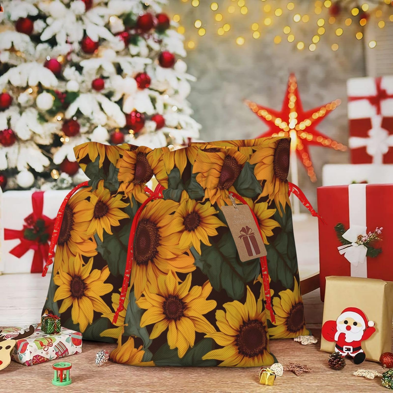 WSOIHFEC Sunflower flower print Christmas Gift Bag with Drawstring Santa Wrapping Bag Xmas Present Bags with Gift Tag Storage Bag for Christmas Wedding Thanksgiving Christmas decoration Small