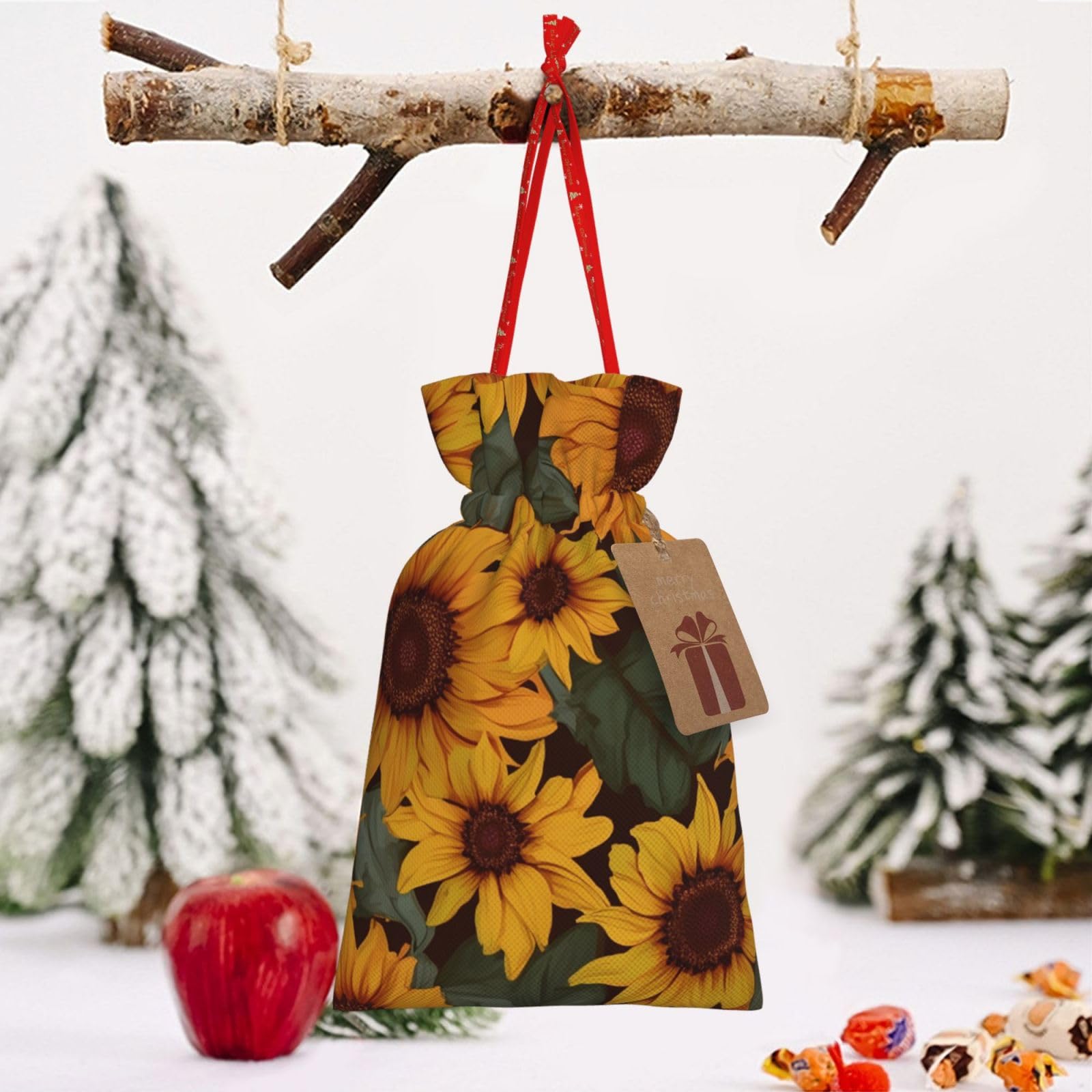 WSOIHFEC Sunflower flower print Christmas Gift Bag with Drawstring Santa Wrapping Bag Xmas Present Bags with Gift Tag Storage Bag for Christmas Wedding Thanksgiving Christmas decoration Small