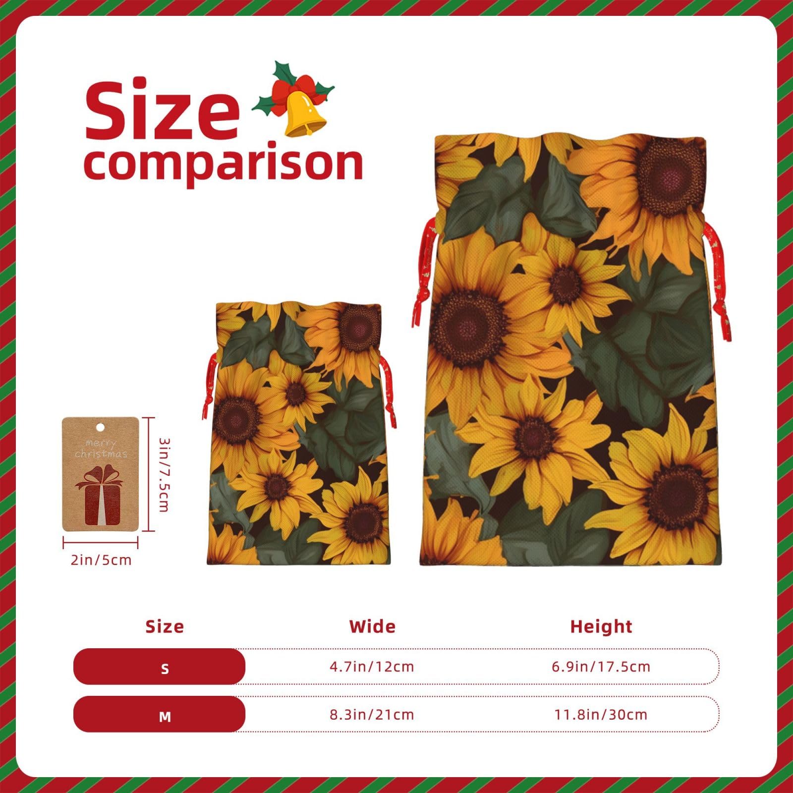 WSOIHFEC Sunflower flower print Christmas Gift Bag with Drawstring Santa Wrapping Bag Xmas Present Bags with Gift Tag Storage Bag for Christmas Wedding Thanksgiving Christmas decoration Small