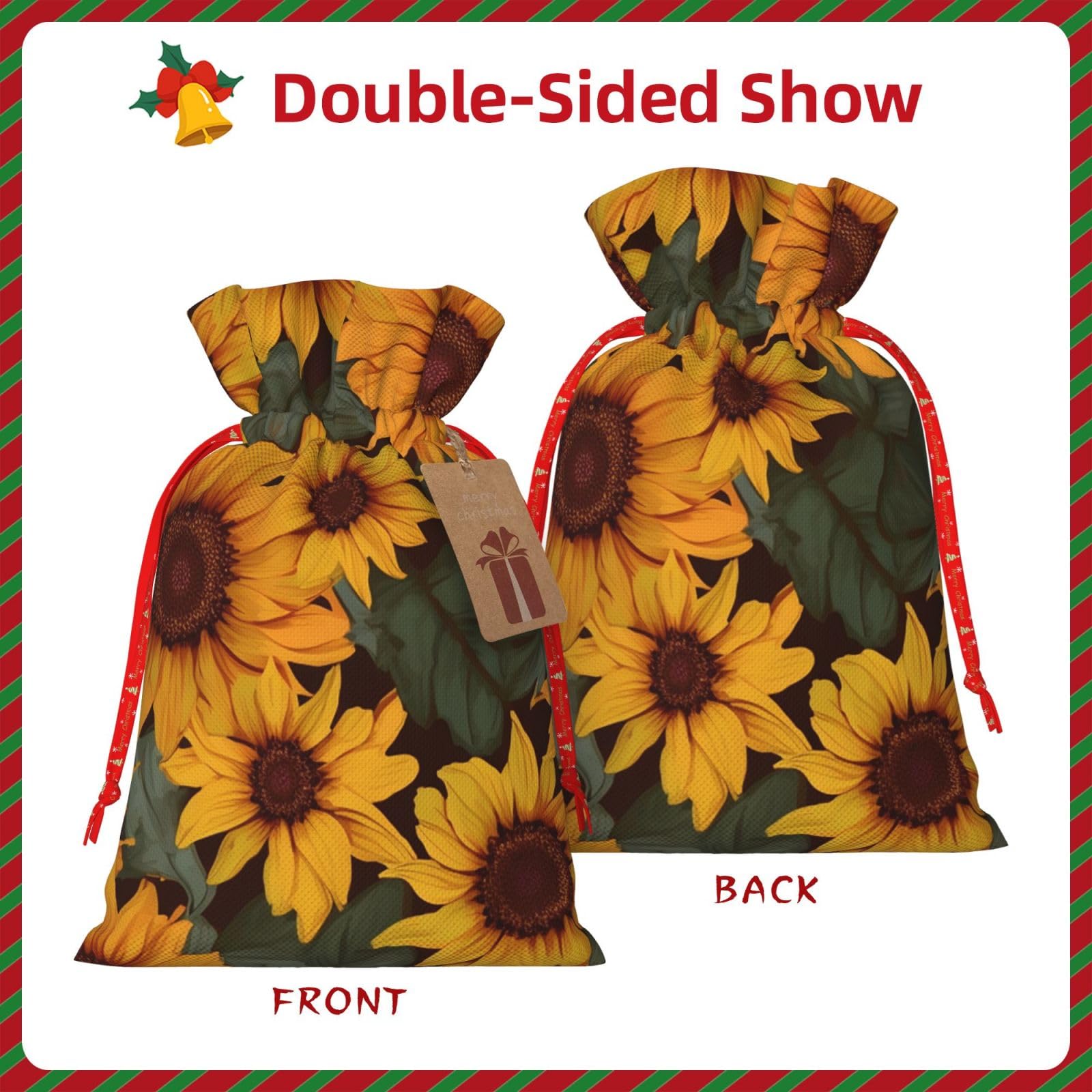 WSOIHFEC Sunflower flower print Christmas Gift Bag with Drawstring Santa Wrapping Bag Xmas Present Bags with Gift Tag Storage Bag for Christmas Wedding Thanksgiving Christmas decoration Small