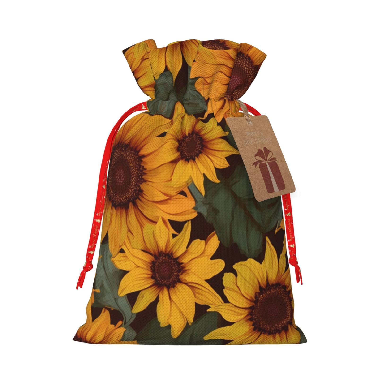 WSOIHFEC Sunflower flower print Christmas Gift Bag with Drawstring Santa Wrapping Bag Xmas Present Bags with Gift Tag Storage Bag for Christmas Wedding Thanksgiving Christmas decoration Small