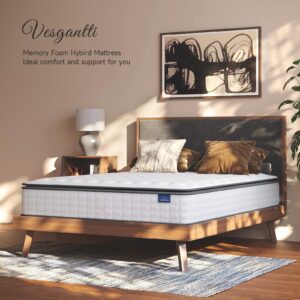 Vesgantti 12 Inch Hybrid Queen Mattress, Gel Memory Foam & Pocket Coils, Medium Firm, Plush Feel